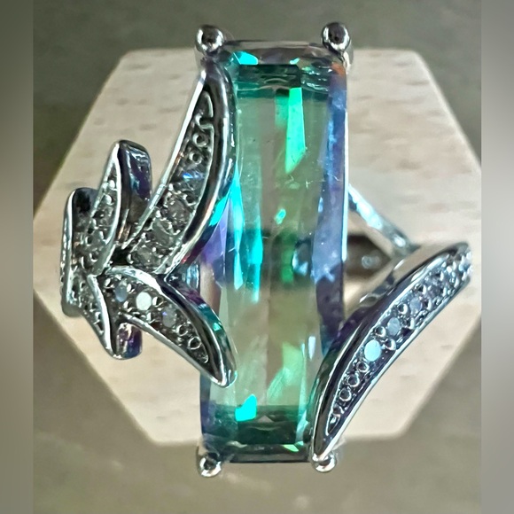 Purple and Green Mystic Rainbow Emerald Cut Topaz Silver Ring Size 8 - Picture 4 of 5
